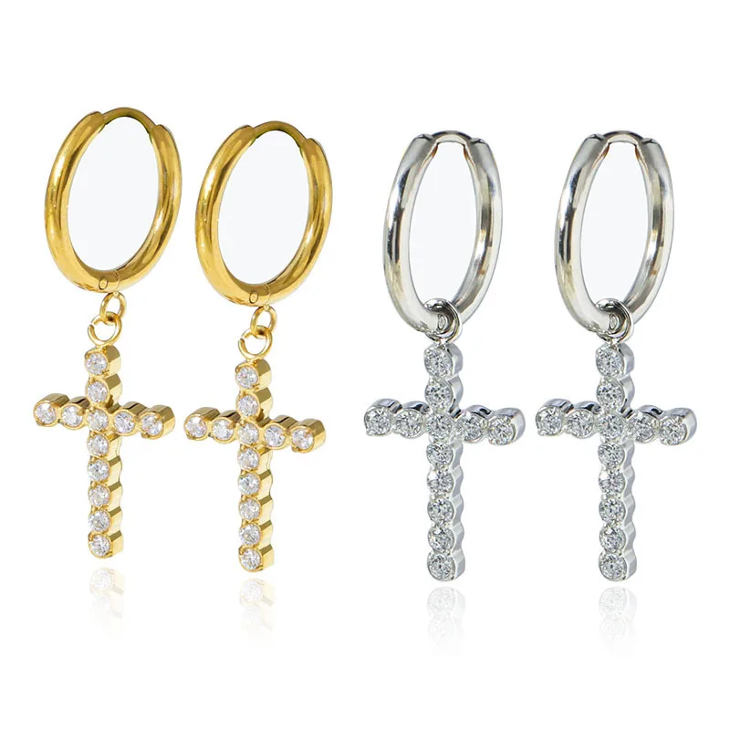 European and americanaccessible luxury micropaved zircon earrings for women stainless steel cross