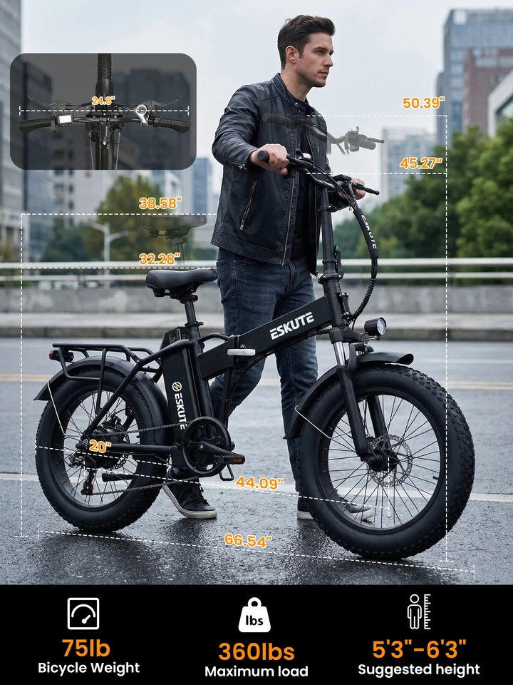 ESKUTE Electric Bike for Adults, 48V 20.8Ah Removable Battery, 20x4 Fat Tire Foldable Ebike with 1200W Peak Motor, Folding E Bike with 7‑Speed, 20+ MPH, up to 80 Miles, NFC Unlock image 11