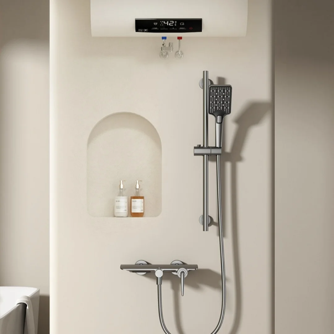 

Набор для душа: латунный настенный смеситель серого цвета с эффектом дождя, золотисто-серая отделка, с выдвижной штангой