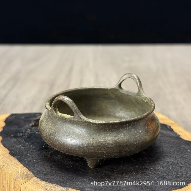 Antique-Style Brass Alloy Craft Double-Eared Three-Legged Incense Burner Home Decorative Ornament