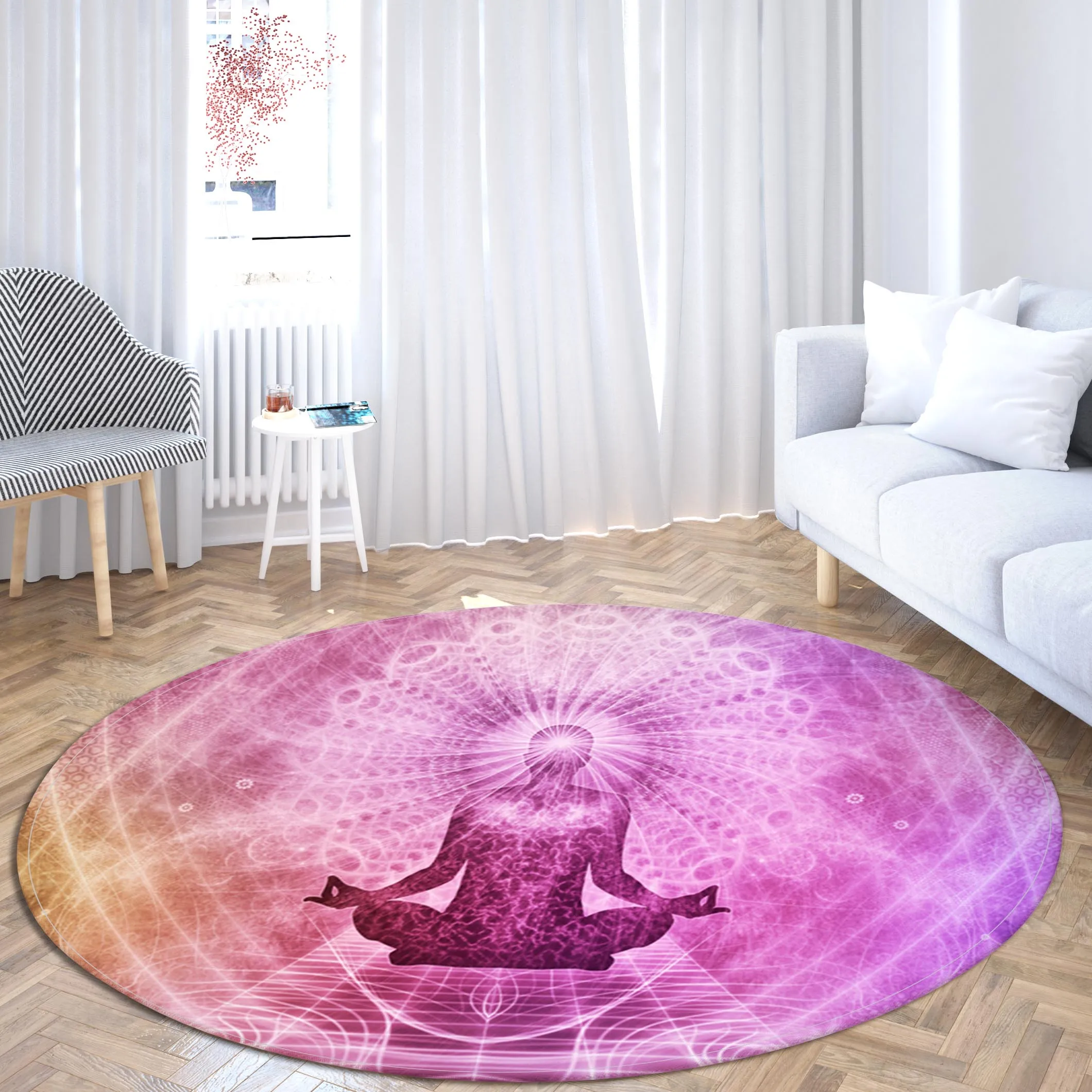 Indian Buddha Statue Round Carpet Meditation 7 Chakra Floor Mat Bedroom Living Room Printed Yoga  Anti-Slip