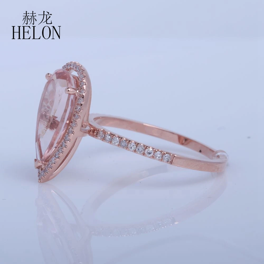 HELON Solid 14k Rose Gold Water Drop 8x12mm Natural Morganite Diamonds Engagement Ring For Women Wedding Anniversary Jewelry