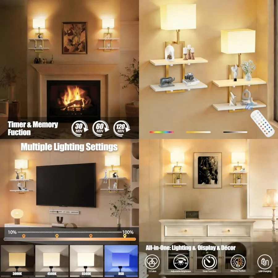 

Set of 2 Battery Operated Wall Sconce with 2-Tier Shelf, Remote Wireless Rechargeable Dimmable Wall Lights with Floating Shelve