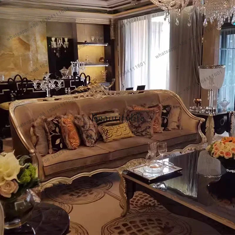 

12European neoclassical living room furniture solid wood carving flower sofa, large apartment fabric four sofa customization