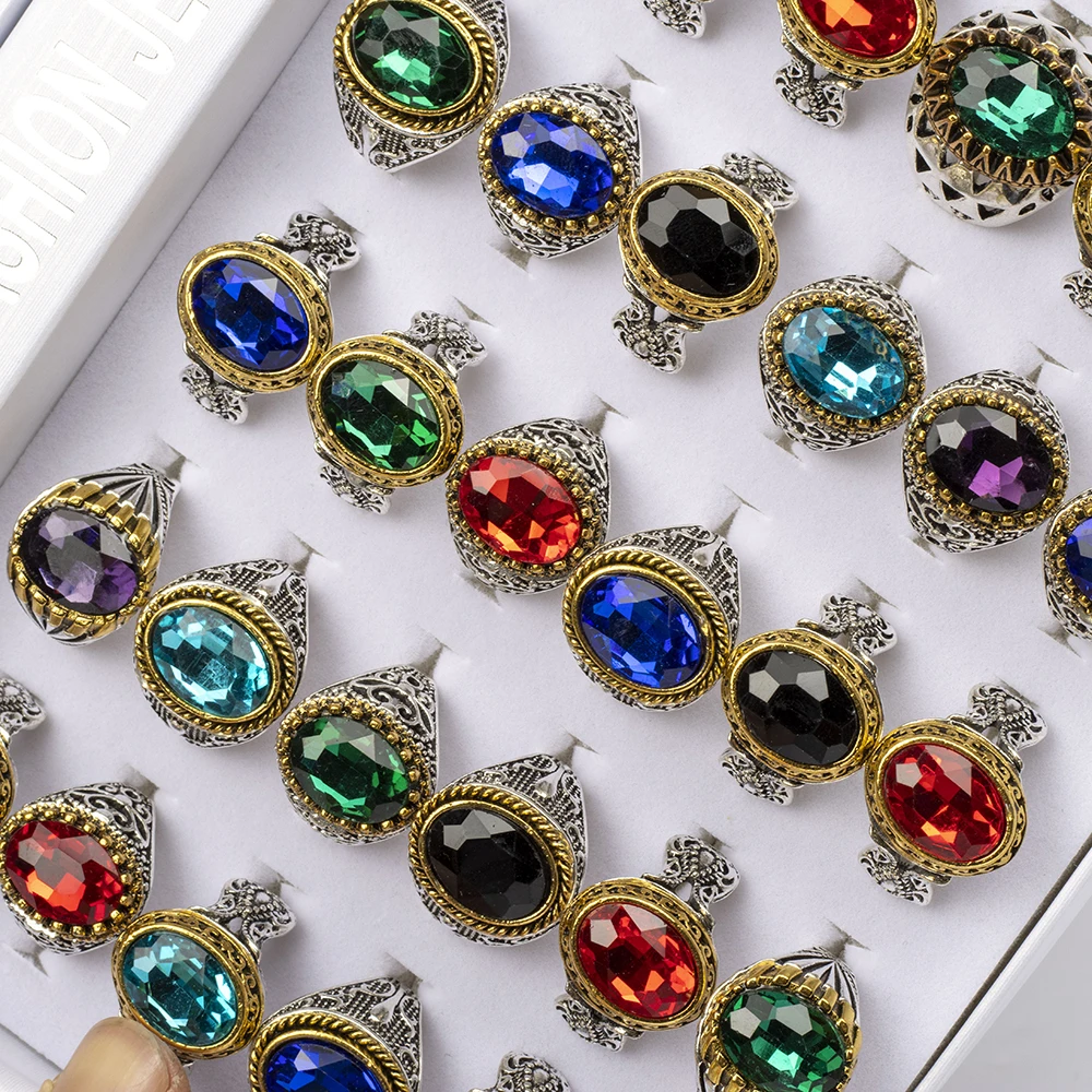 الجملة 20 قطعة/الوحدة خمر تقليد الأحجار الكريمة الزجاج منحوتة الزهور الهندسة خواتم مجوهرات للرجال النساء هدايا الحفلات