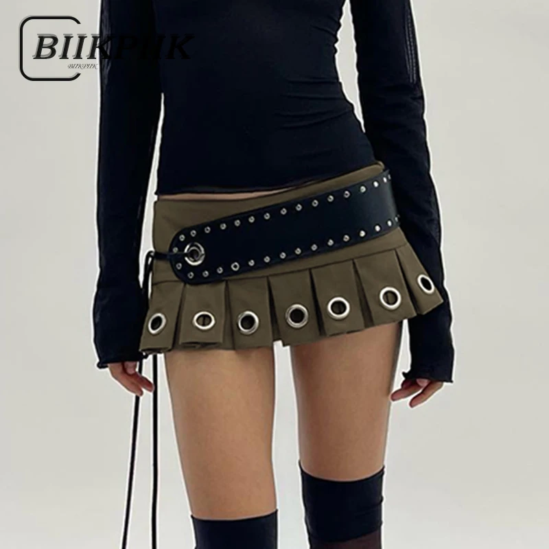 

BIIKPIIK Sexy Low Rise Mini Skirts PU Belt Grunge Women Super Short Skirt Aesthetic Clubwear Street Style Outfits Summer Skirts