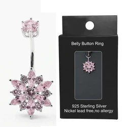 925 Sterling Zilveren Buik Piercing Button Bar Ring Roze Bloem Cubic Zirkoon Navel Piercing Sieraden