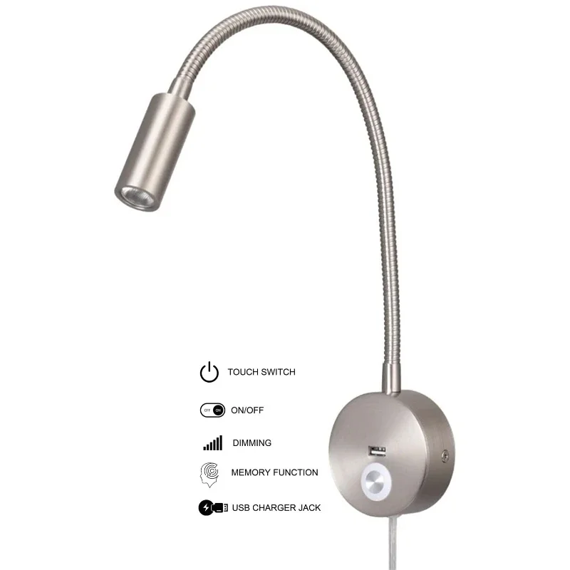 lampada gooseneck de parede lampada de leitura plug in luz gooseneck holofote de leitura cabeceira da cama feixe de foco ca 100240v 3w 01