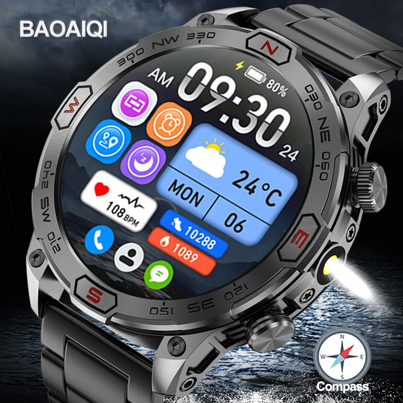 Flashlight New Smart Watch Outdoor Sport Compass 1ATM Waterproof Watch Men Bluetooth Call Smartwatch GPS Track Clock For Android