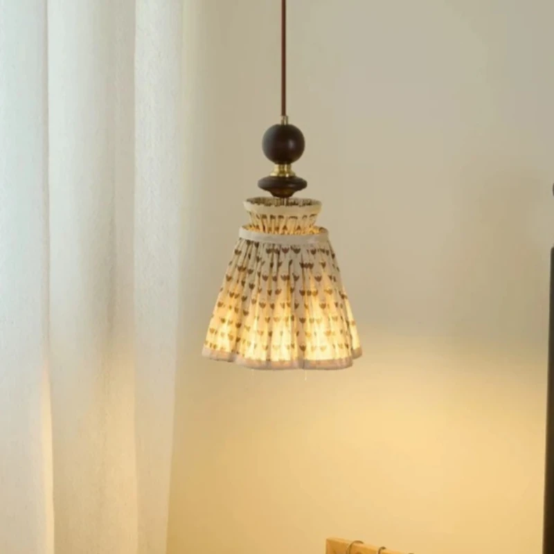 French Retro Fabric Pendant Light Skirt Shape Bedroom Bedside Study Dining Room Entryway Mid-century Copper Pendant Lamp