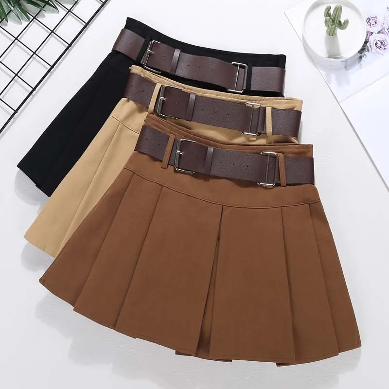 Brown Belted Mini Skirt Low Waisted Pleated Skirt with Belt Women Academia Aesthetic Vintage Outfit