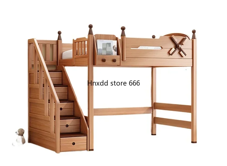 Elevated solid wood children's upper and lower bunk beds of the same width