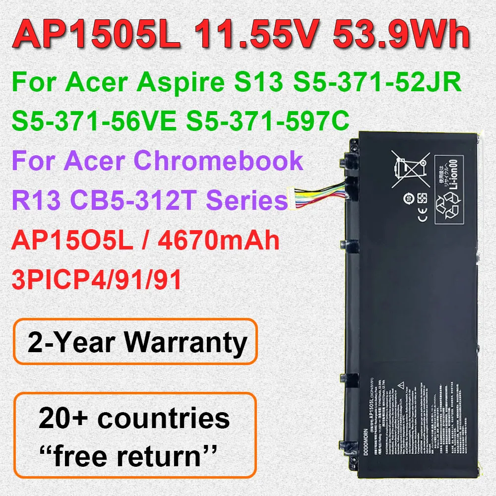 AP1505L AP15O5L batería de ordenador portátil Compatible para Acer Aspire S13 S5-371 S5-371-52JR 56VE 767P Chromebook R13 CB5-312T 11,55 V 53,9 Wh