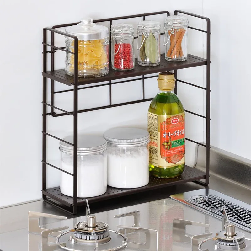 

Household floor-to-ceiling kitchen storage rack seasoning rack double wrought iron seasoning jar seasoning storage rack wholesal