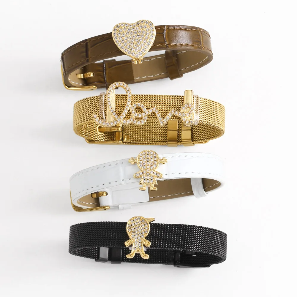 FLOLA CZ Crystal Boy Girl Charms Bracelets for Women Leather Band DIY Bracelets Female Jewelry Gifts BRATA95 - detail 3