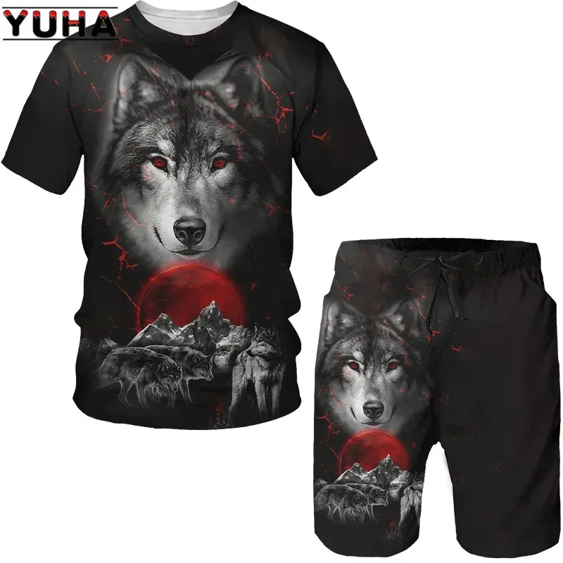 Fashion Summer  Wolf 3D Printed Men\'s T-Shirt Shorts Sleeve Tops Unisex Cool Animal Sport O-neck  Tracksuit Hip Hop Set Su