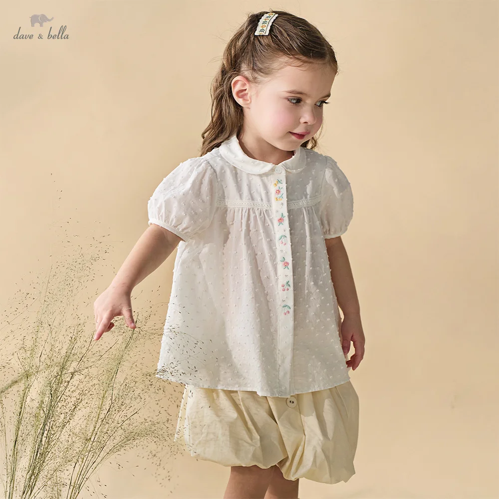 デイブベラ子供夏シャツ女の子白ブラウス純粋な綿半袖ファッションエレガントトップスカジュアル子供服-db2261263