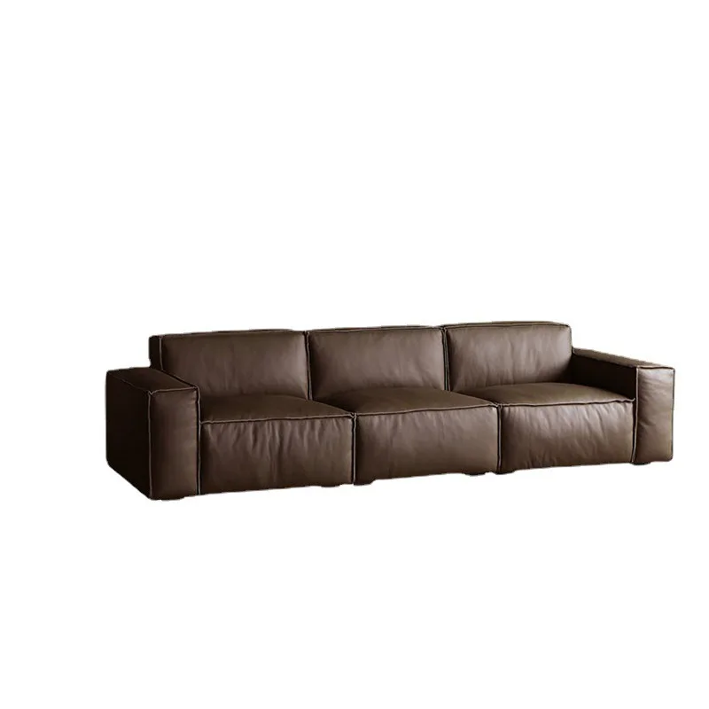 

Minimalist tofu block leather sofa living room small apartment modern black straight row sofa