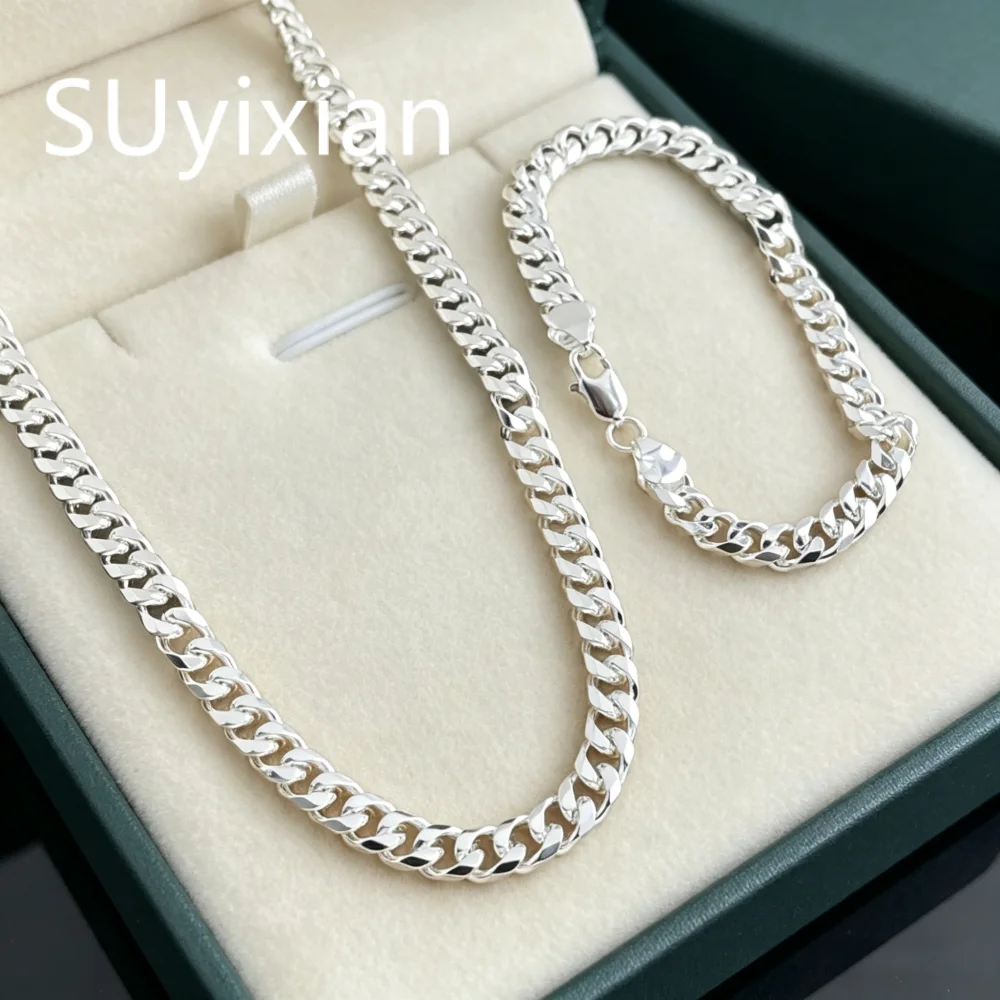 

925 Sterling Silver Stylish Simple 6mm Sideways Cuban Necklace Bracelet Set Birthday Party Anniversary Gift