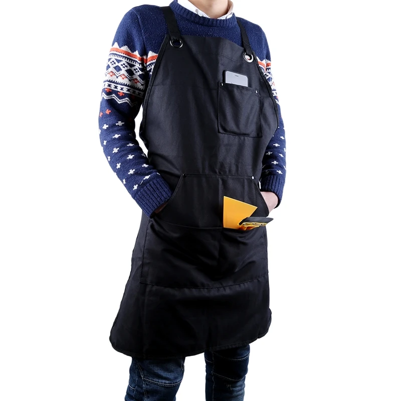 1pc Unisex Work Apron For Men, Canvas Black Apron Bib, Adjustable Cooking Kitchen Aprons For Woman With Tool Pockets
