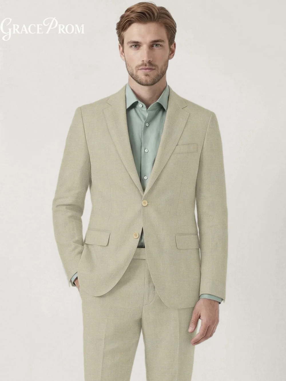 

High Quality Khaki Beige Casual Formal Men Suit 2PCS Single Breasted Elegant Notched Lapel Textured Fabric Outfit Customized