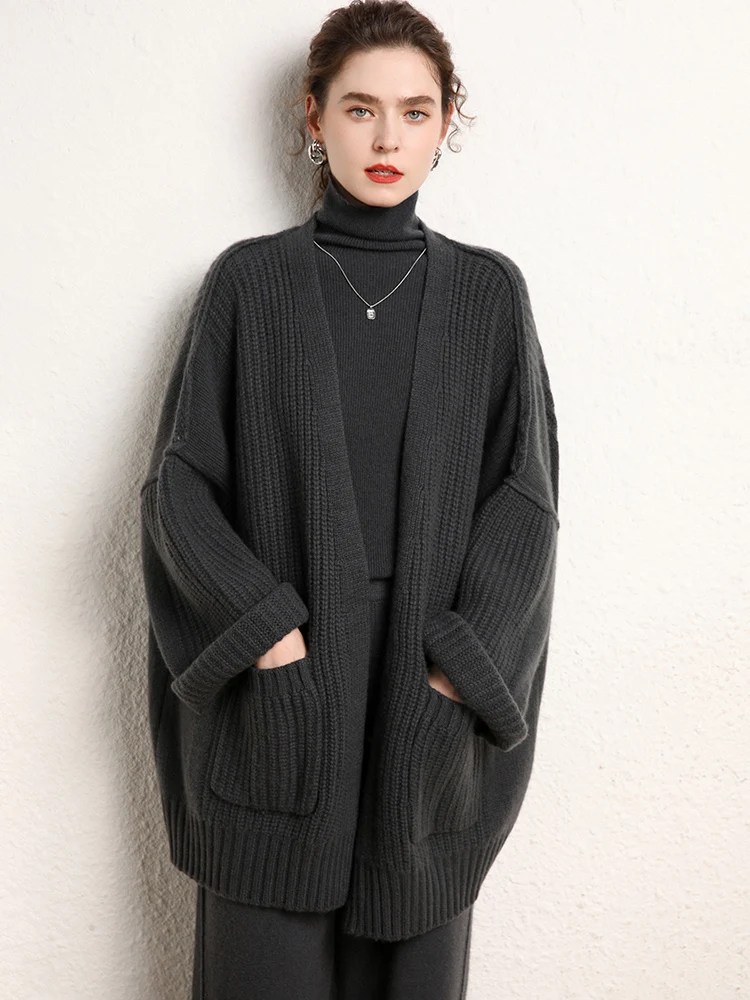 

Women 100% Cashmere Sweater Cardigan Loose Thickening Big Sleeve Autumn Winter Luxury Screw Thread Knitwear Casual Clothing Tops
