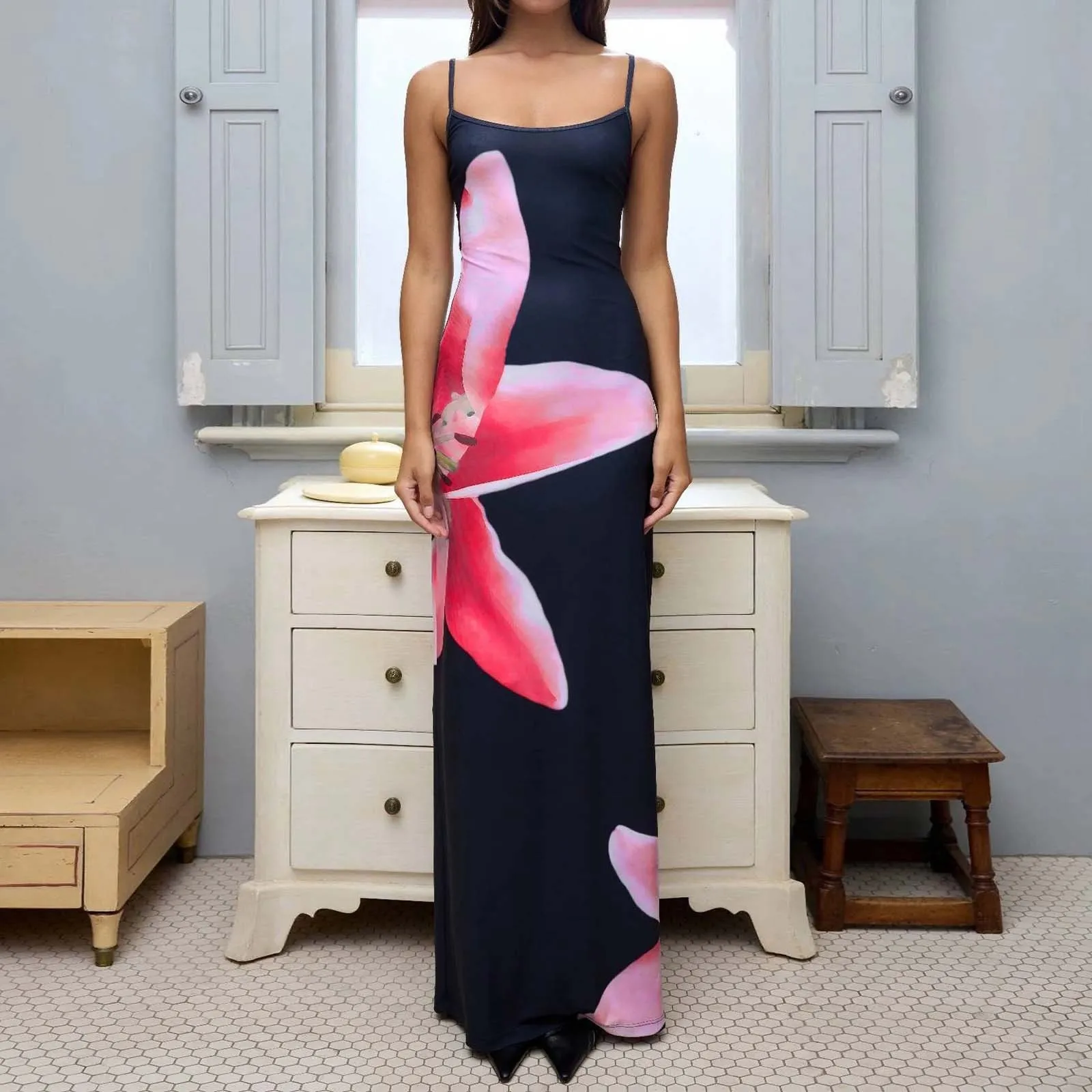 

Women's Sexy Sleeveless Spaghetti Strap Printed Dresses Bodycon Wrap Buttocks Side Split Maxi Dress For Beach Evening Wear