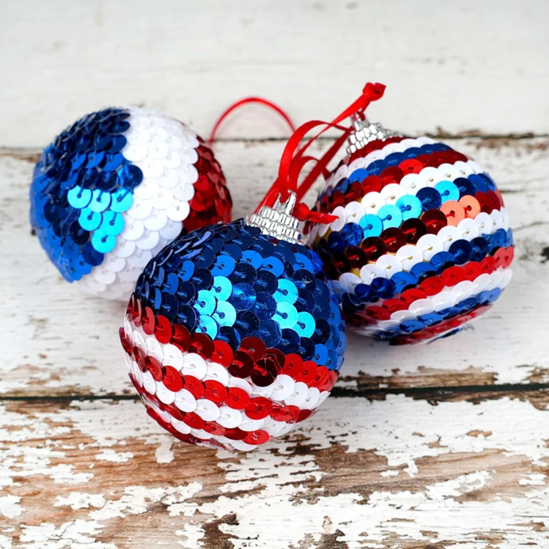 Red White Blue Glitter Foam Ball Decor Sparkle Sequin Pendants Stylish Hanging Props for USA National Day Celebration Events