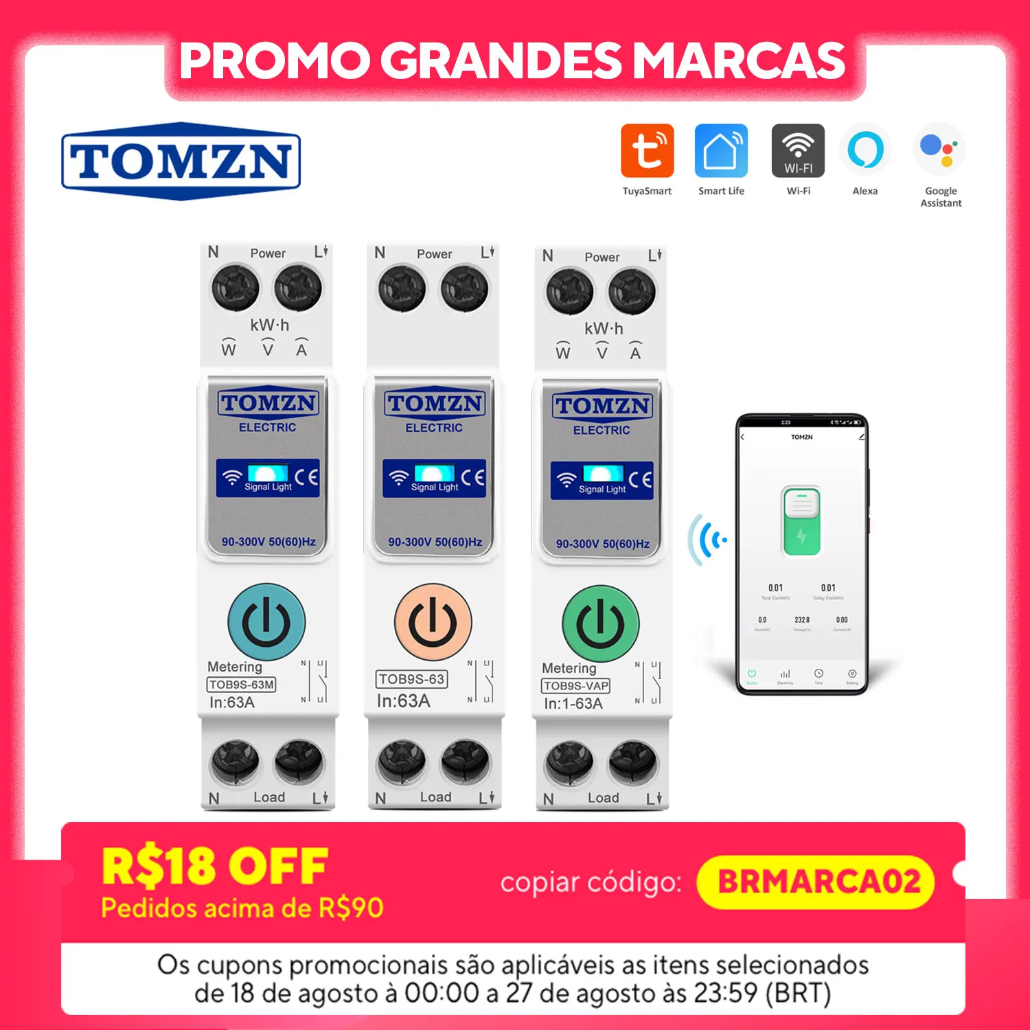 TUYA smartlife 1- 63A TOMZN 1P + N WIFI Smart Switch Contatore di energia Kwh Misurazione Monitoraggio Interruttore Temporizzatore Relè MCB