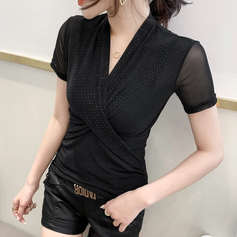 Sexy Me ort Sve T-shirt da donna estiva Faion pieghettata croce V-ne strass corpo dimagrante irt coreano Sle Top