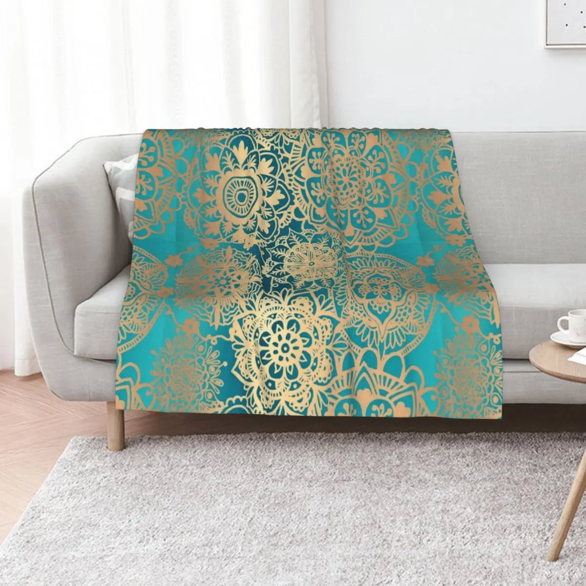 

Teal Green and Gold Mandala Pattern Throw Blanket Soft heavy to sleep Sleeping Bag Polar Blankets