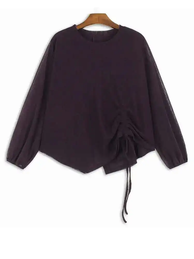 

Women Black Drawstring Irregular Big Size T-shirt New Round Neck Long Sleeve Fashion Tide Spring Autumn