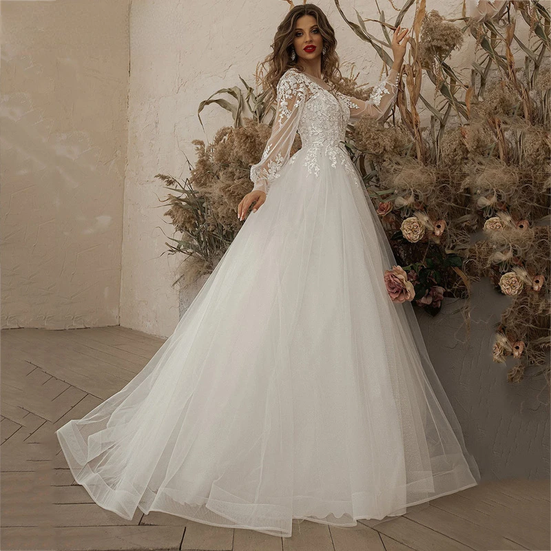 Exquisite Ivory Wedding Dresses Long Sleeve Appliques Lace 3D Flowers Modern Tulle Boho Bride Gown 2023 vestidos de novia Beach