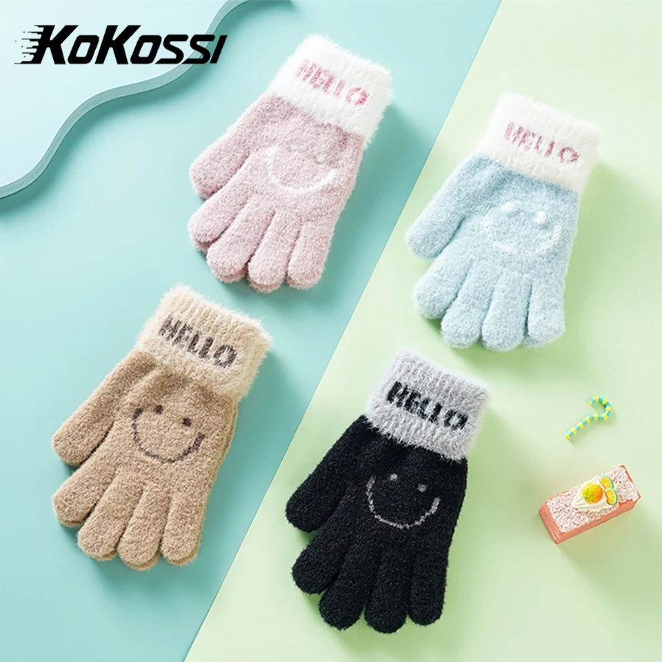 KoKossi Winter Knitted Warm Gloves Women Touchable Screen Soft Plush Smiling Face Cute Student Cycling Cold Resistant Gloves