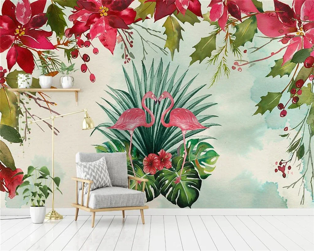 Custom size wallpaper Tropical plant leaves Flamingos mural home decor Children's room cartoon background wall 3d wallpaper