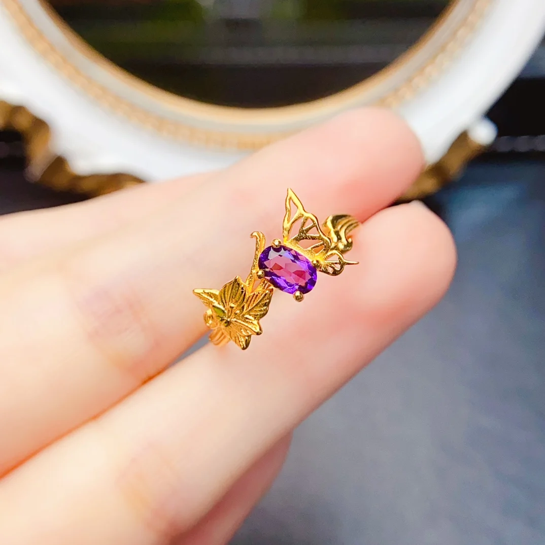 

FS Fashion Real S925 Sterling Silver 4*6mm Natural Amethyst Ring Fine Butterflies Love Flowers Ring Jewelry for Woman MeiBaPJ