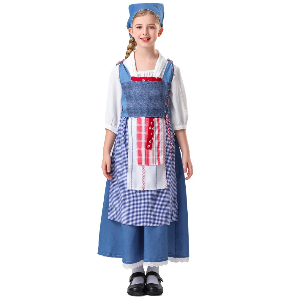 New Halloween Children's French Manor Maid Medieval Countryside Maid Long Dress Cosplay Dress Carnival Stage Performance Clothes