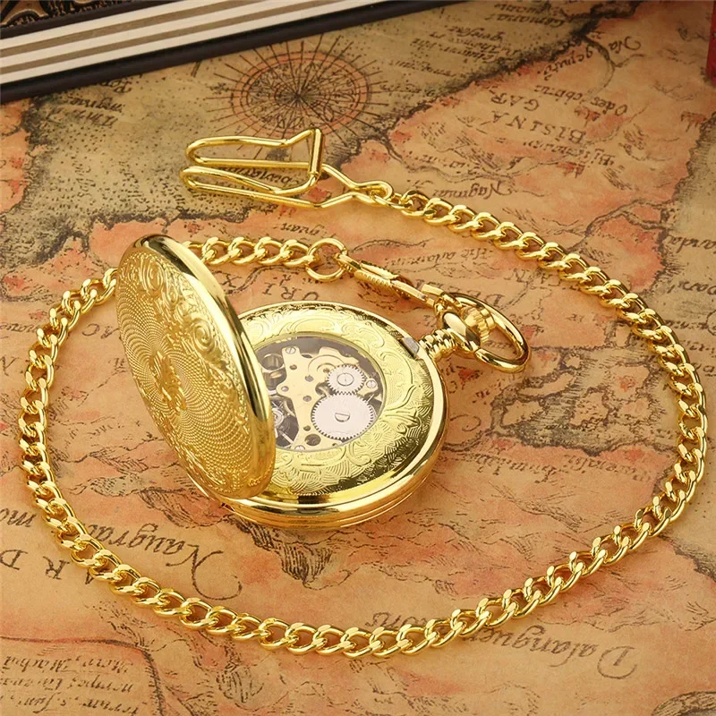 Luxury Golden Hollow Out Heart-Shaped Feather Case Pocket Watch Double Hunter Handwind Mechanical Watches with Pendant Chain