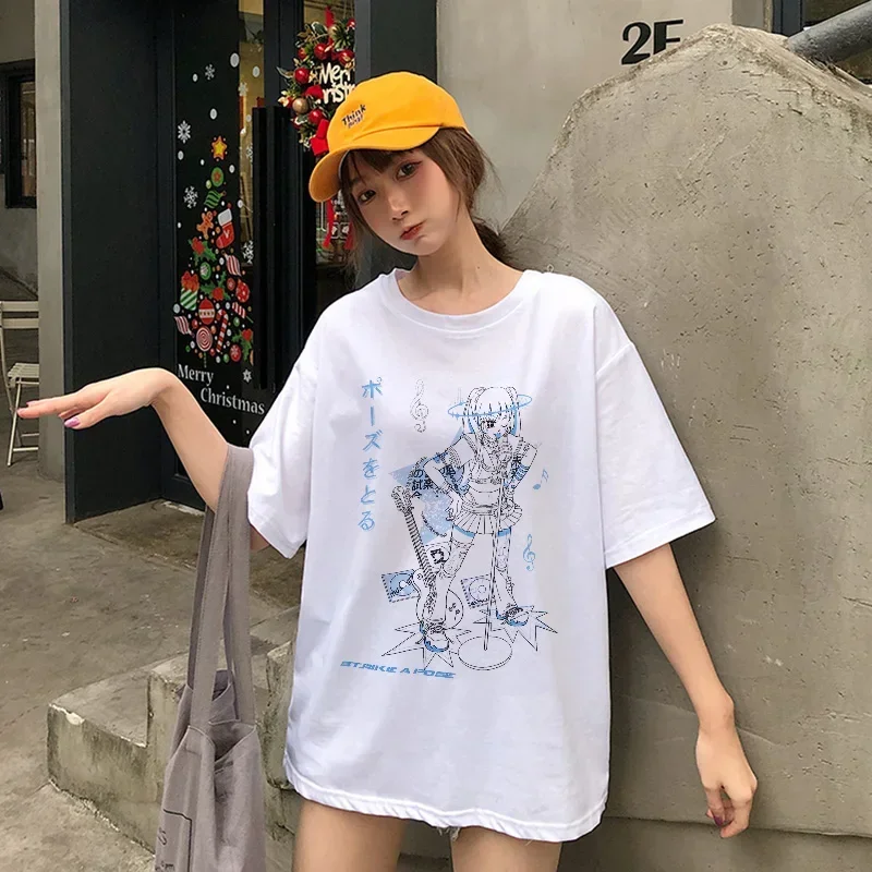 Women Oversized T-shirt Kawaii Goth Harajuku Music Girl Print Black Crop Short Sleeve Top Female T-shirts Y2k Mujer Grunge Kpop