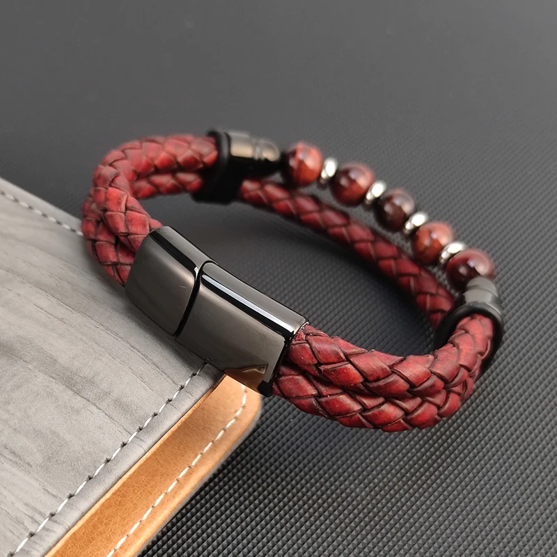 High Quality Multi Layer Braided Rope Leather Bracelet Stainless Steel Men Bangles for Red Natural Stone Charm Women Jewelry