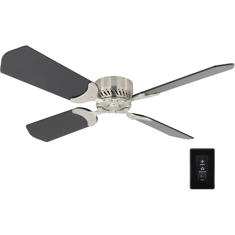 

Потолочный вентилятор на колесах, 12 В, 4 лопасти, 4 скорости, ближняя бесшумная работа, направление реверса, настенное управление (матовый никель: черный