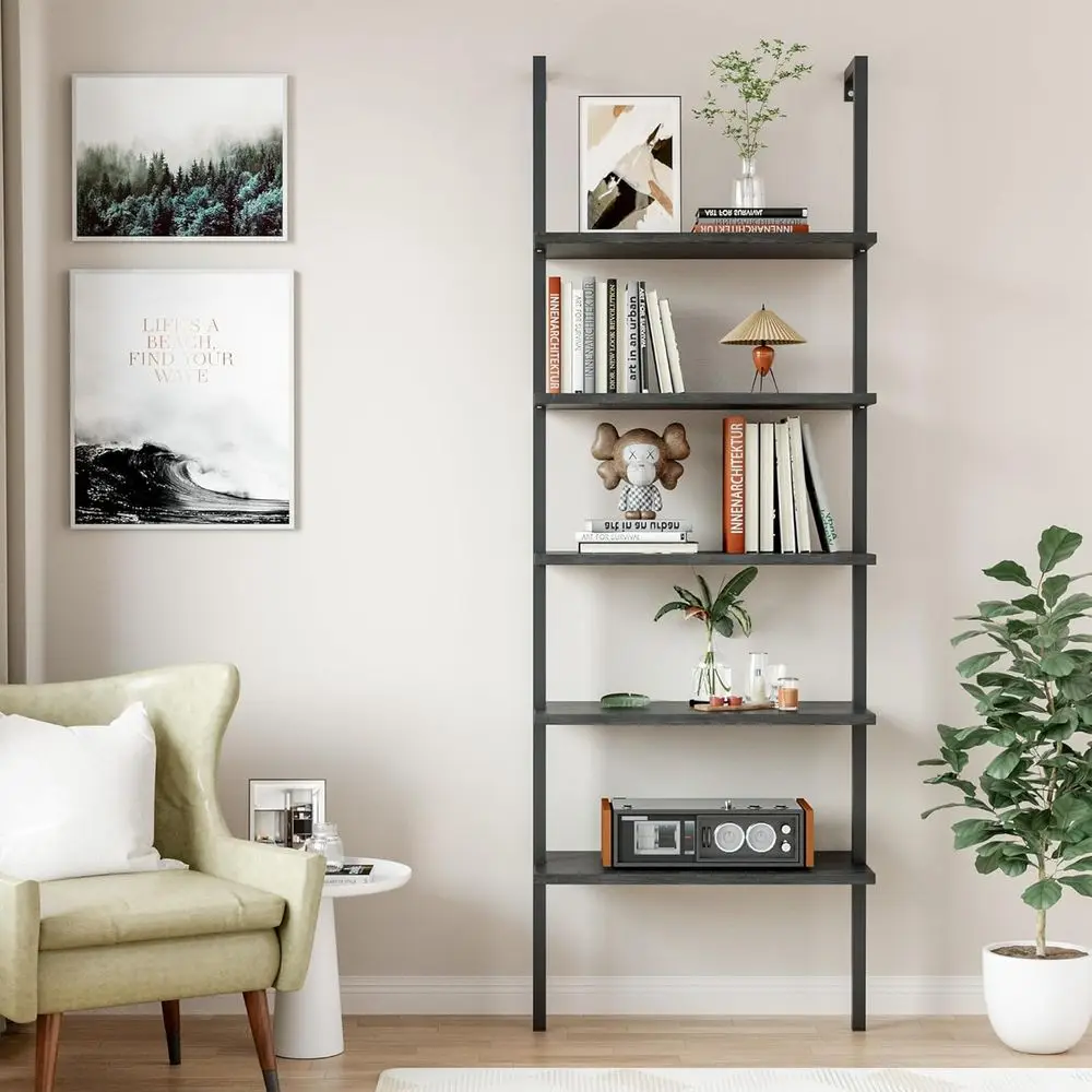 

lamaker 5-Tier Bookshel Wall Mount Ladder Bookcase Industrial Standing Bookshel with Wood Board and Metal e, ern Tall Narrow Sto