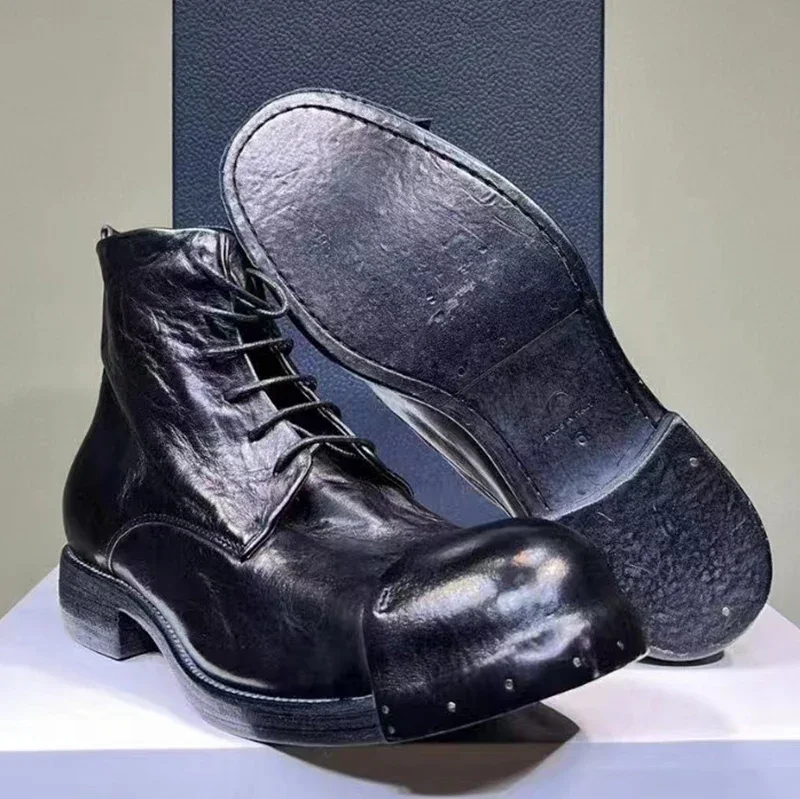 Męskie buty ze skóry końskiej Vintage Wash Water Old Leather Boots Handmade Goodyear - Męskie krótkie buty sznurowane Okrągła głowa Mężczyźni — zdjęcie 3