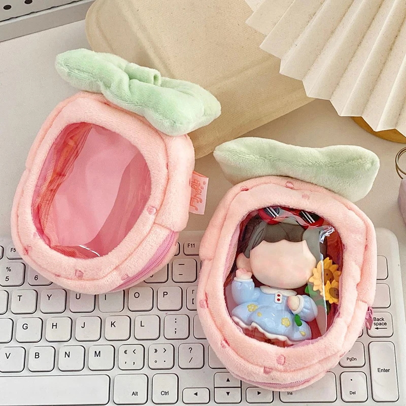 Strawberry Shape Pink Plush Doll Bag Clear Display Window Design Cute Bag Accessory Zipper Closure Soft Coin Purse Storage Bag