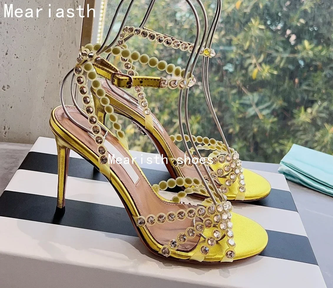 

2023 Crystal Narrow Band Luxury Deisgner Sandals Women New Open Toe Thin High Heels Slingback Sexy Fashion Party Shoes For Women