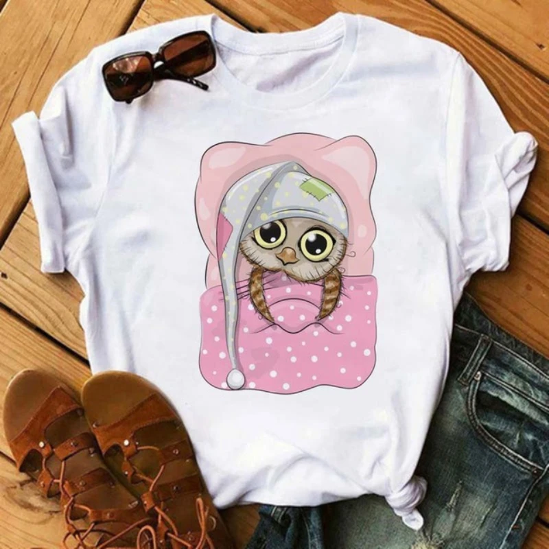 Cute Cartoon Owl Europe and The United States Round Neck Round Neck Thin T-shirt Woman Graphic T Shirts  Aesthetic Clothes