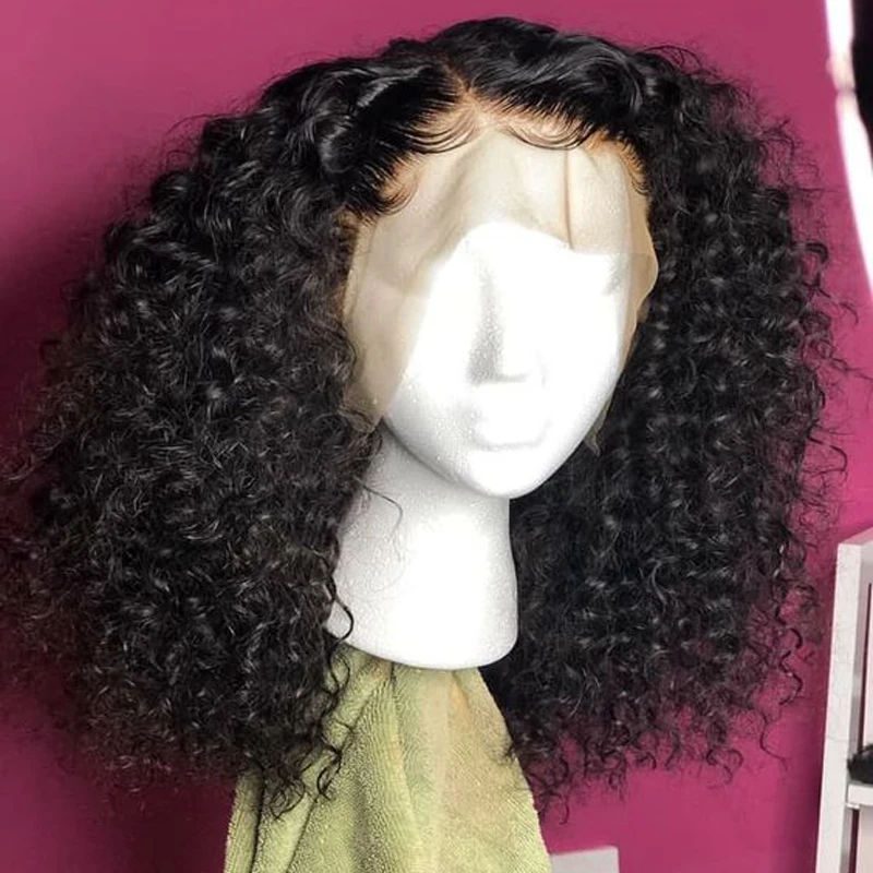 Peruca dianteira do laço longo Kinky Curly para mulheres, preto natural, cabelo do bebê, resistente ao calor, pré-arrancadas, sem cola, diariamente, 26 ", 180 Densidade