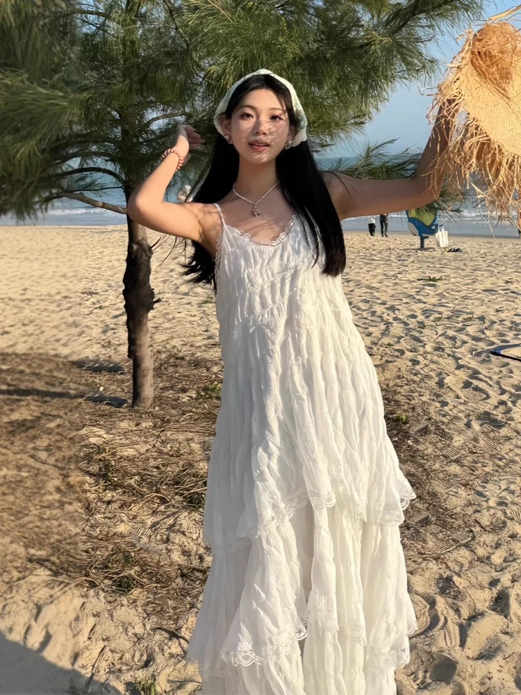 Estilo francês branco elegante vestido de renda cinta espaguete em camadas vestidos de verão praia férias 2025 novo vestido longo feminino para meninas