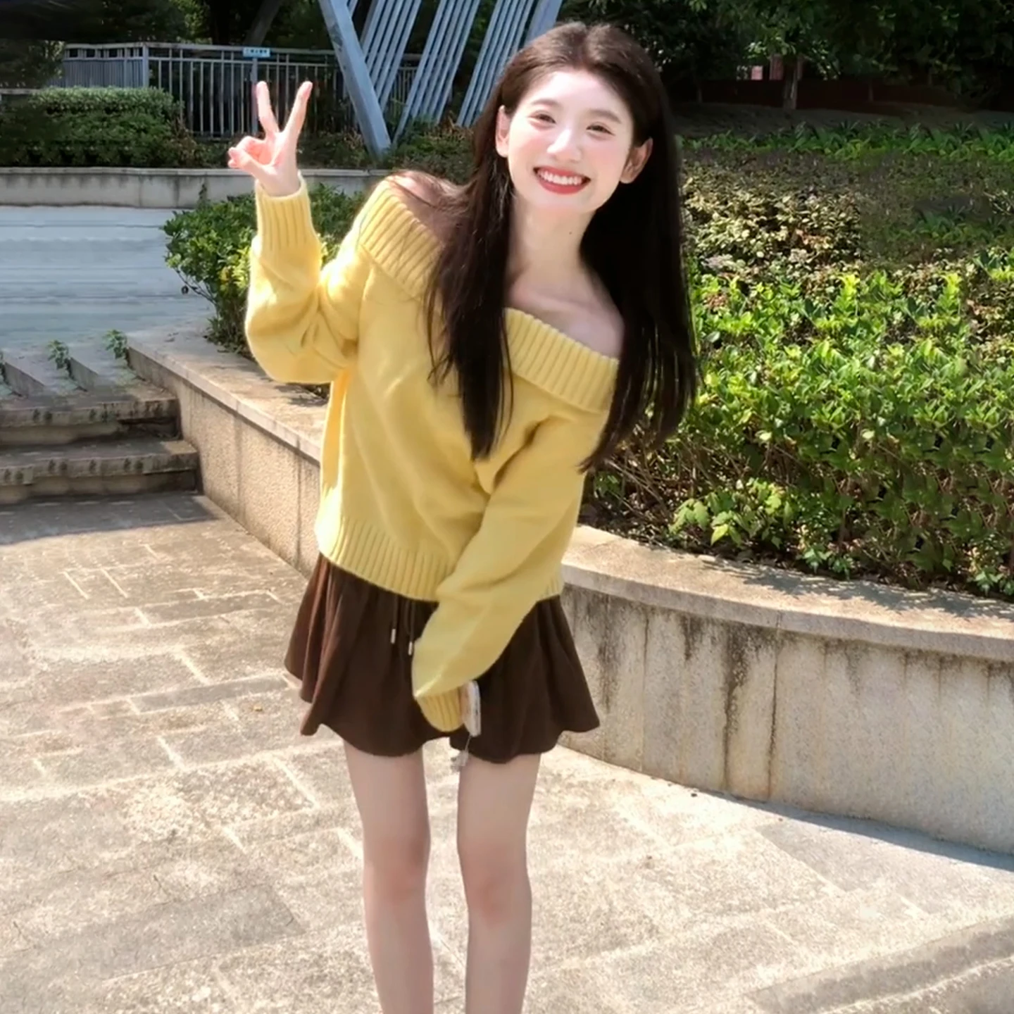 Sweet Yellow One-oulder Knitted Sweater Women's Loose Overhead Autumn Winter Faion Youthful Clothing Comfortable Knitwear