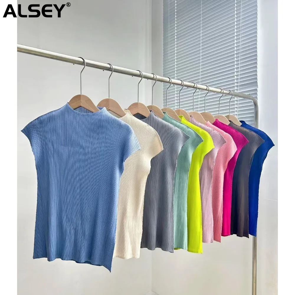 ALSEY Miyake Classic Simple tinta unita colletto in piedi Top pieghettato donna New Slim t-shirt manica corta centinaia di pantaloni Casual